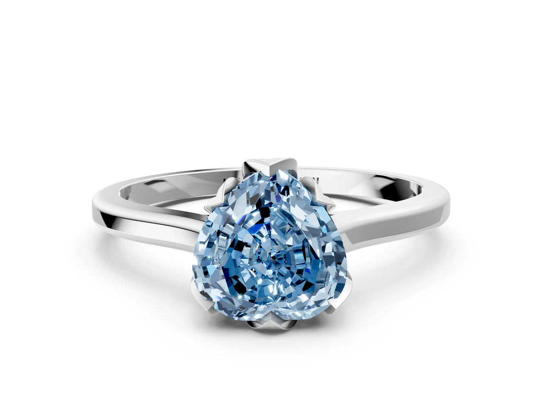 Platinum Fancy Blue Heart Cut Diamond Solitaire Ring with Flower Prong Setting and Classic Band_12