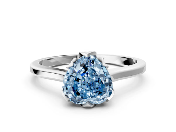 Platinum Fancy Blue Heart Cut Diamond Solitaire Ring with Flower Prong Setting and Classic Band