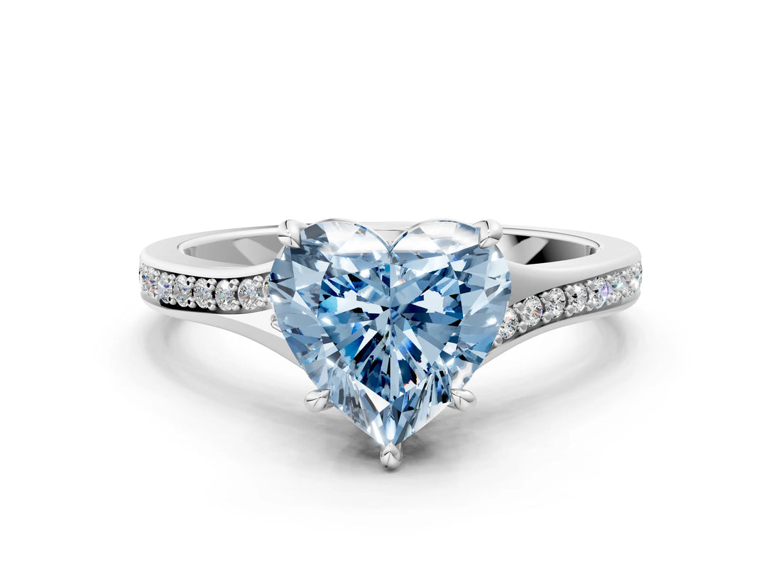 Platinum Fancy Blue Heart Cut Diamond Solitaire Ring with Pavé Band and Prong Setting_12
