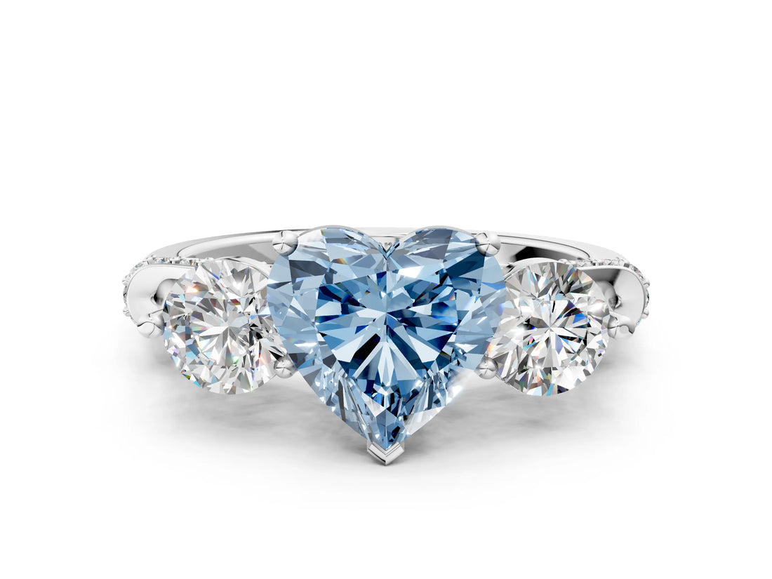 Platinum Fancy Blue Heart Cut Diamond Three-Stone Ring with Prong Setting and Pavé Band_6