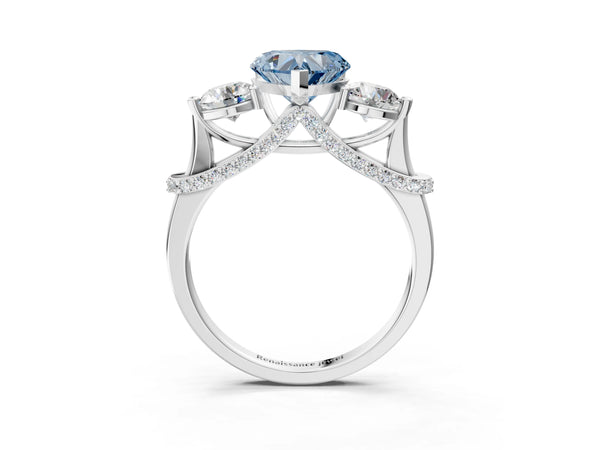 Platinum Heart-Shaped Curved Pave Three Stone Engagement Ring Setting for Fancy Blue Center
