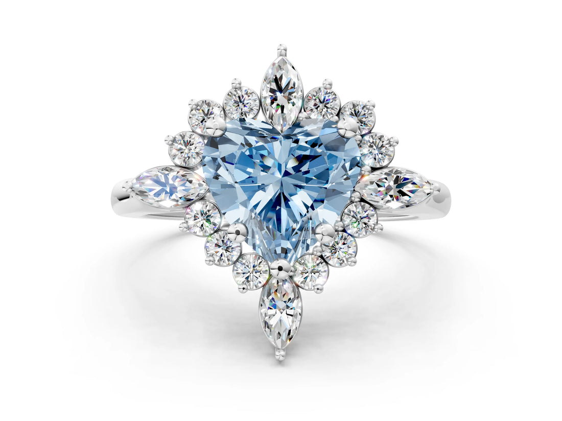 Platinum Fancy Blue Heart Cut Halo Diamond Cluster Ring with Marquise and Round Stones on a White Gold Band with Prong Setting
