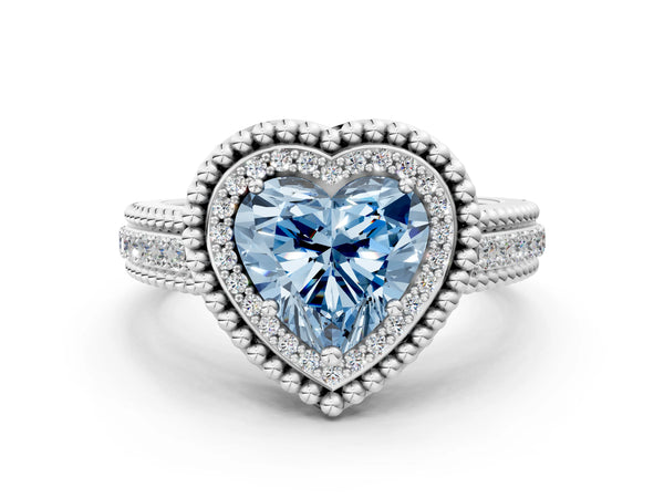 Platinum Heart-Shaped Beaded Halo Engagement Ring Setting for Fancy Blue Center with Pave