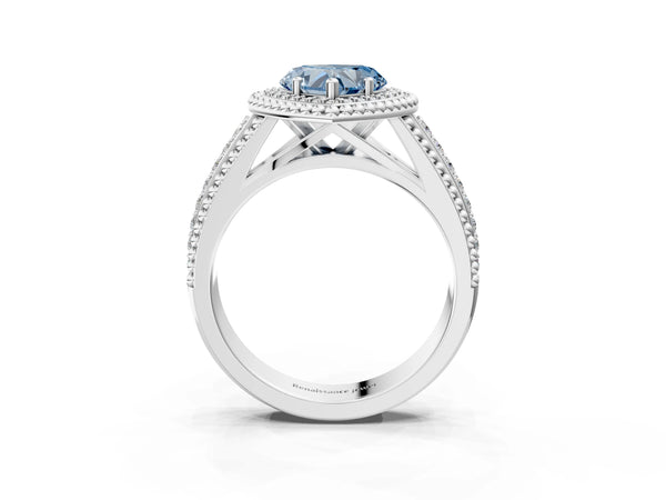 Platinum Heart-Shaped Beaded Halo Engagement Ring Setting for Fancy Blue Center with Pave