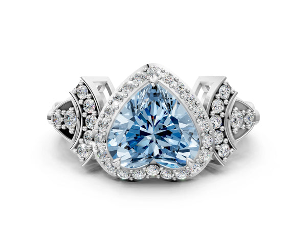 Platinum Fancy Blue Heart Cut Halo Diamond Split Shank Engagement Ring with Four-Prong Setting