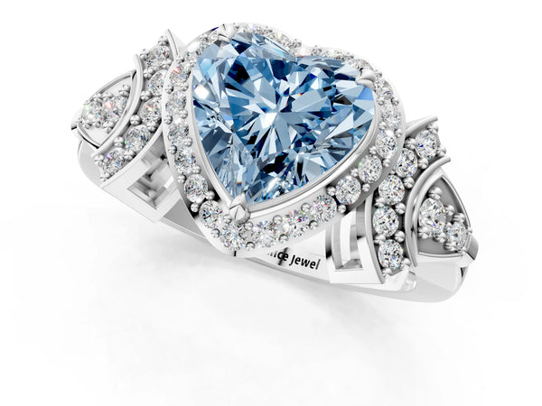 Platinum Fancy Blue Heart Cut Halo Diamond Split Shank Engagement Ring with Four-Prong Setting