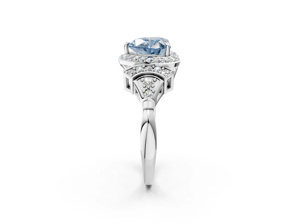 Platinum Fancy Blue Heart Cut Halo Diamond Split Shank Engagement Ring with Four-Prong Setting