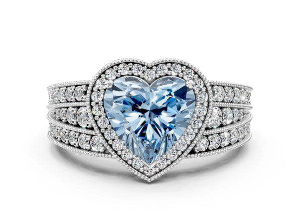 Platinum Fancy Blue Heart Cut Halo Diamond Split Shank Ring with Prong Setting