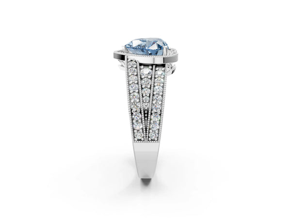 Platinum Fancy Blue Heart Cut Halo Diamond Split Shank Ring with Prong Setting