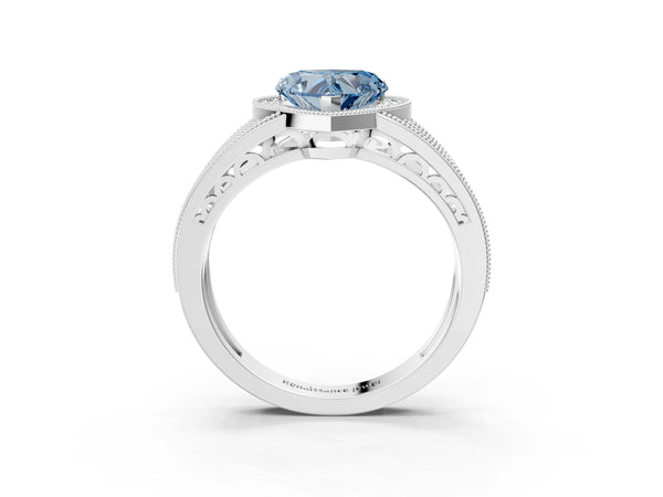 Platinum Fancy Blue Heart Cut Halo Diamond Split Shank Ring with Prong Setting