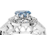 Platinum Fancy Blue Heart Cut Halo Milgrain Diamond Engagement Ring with Leaf Band and Four-Prong Setting_16