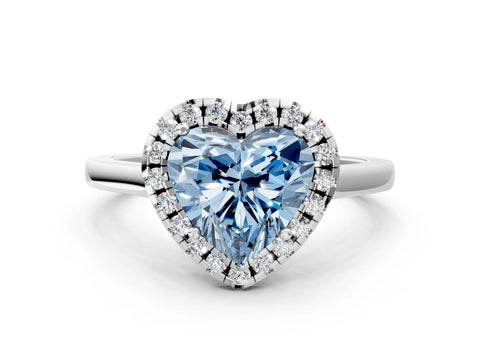 Platinum Fancy Blue Heart Cut Halo Round Diamond Solitaire Ring with Pavé Band and Four-Prong Setting_24