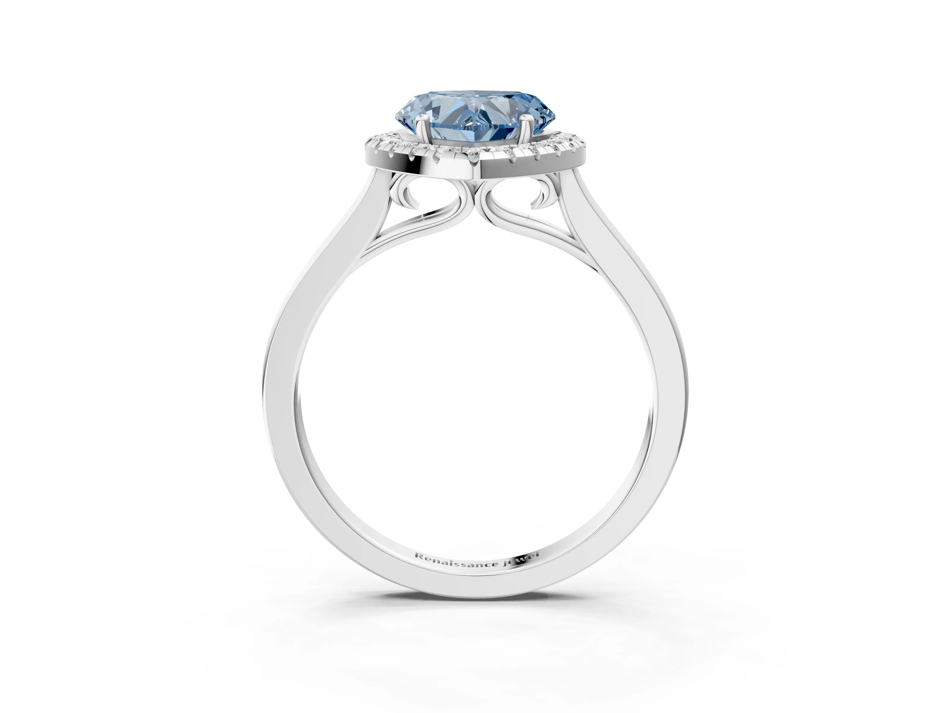 Platinum Fancy Blue Heart Cut Halo Round Diamond Solitaire Ring with Pavé Band and Four-Prong Setting_27