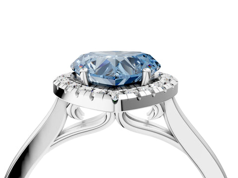 Platinum Fancy Blue Heart Cut Halo Round Diamond Solitaire Ring with Pavé Band and Four-Prong Setting_28