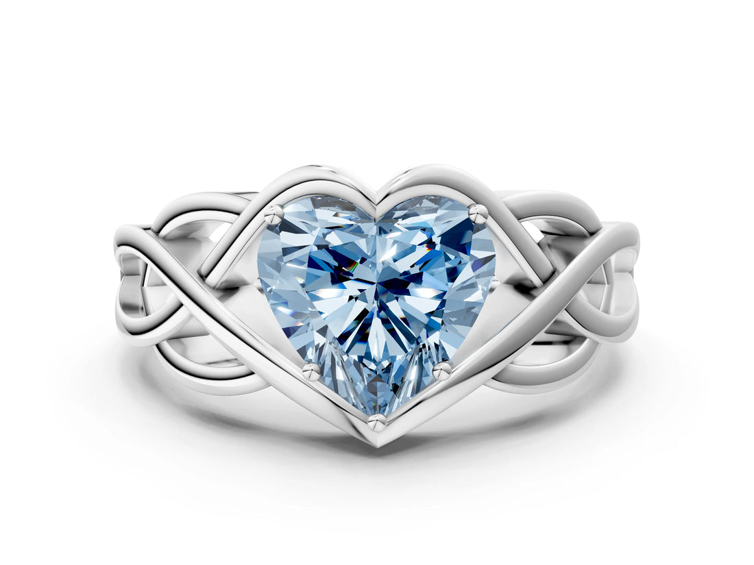 Platinum Fancy Blue Heart Cut Solitaire Intertwined Band Prong Setting Ring_6