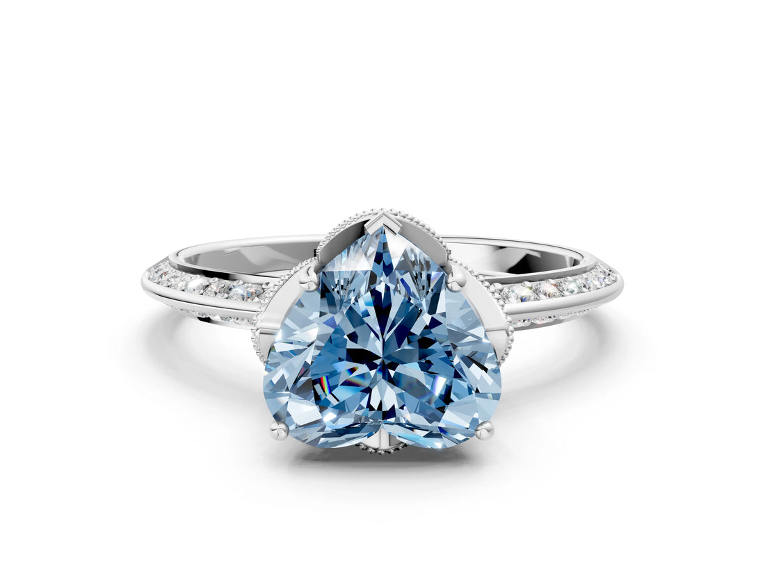 Platinum Fancy Blue Heart Cut Solitaire Split Shank Pave Diamond Engagement Ring with Four-Prong Setting_132