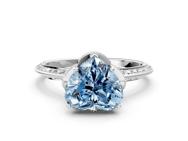 Platinum Fancy Blue Heart Cut Solitaire Split Shank Pave Diamond Engagement Ring with Four-Prong Setting