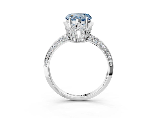 Platinum Fancy Blue Heart Cut Solitaire Split Shank Pave Diamond Engagement Ring with Four-Prong Setting