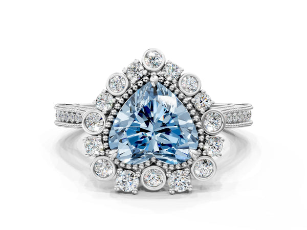 Platinum Fancy Blue Heart  Halo Milgrain Pave Diamond Ring with Four-Prong Setting