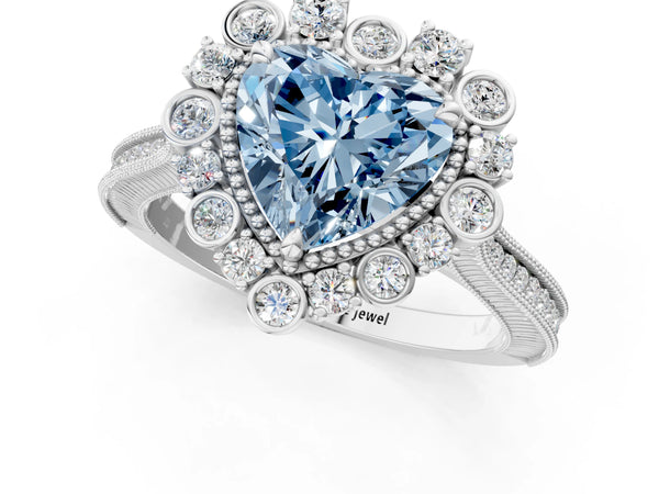 Platinum Fancy Blue Heart  Halo Milgrain Pave Diamond Ring with Four-Prong Setting