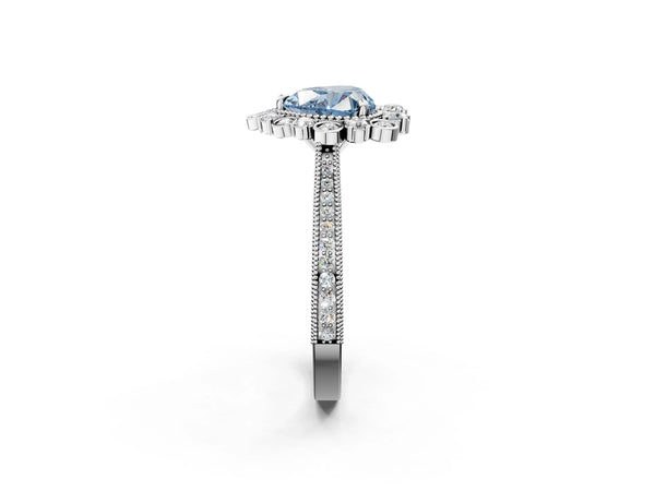 Platinum Fancy Blue Heart  Halo Milgrain Pave Diamond Ring with Four-Prong Setting
