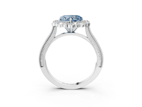 Platinum Fancy Blue Heart  Halo Milgrain Pave Diamond Ring with Four-Prong Setting