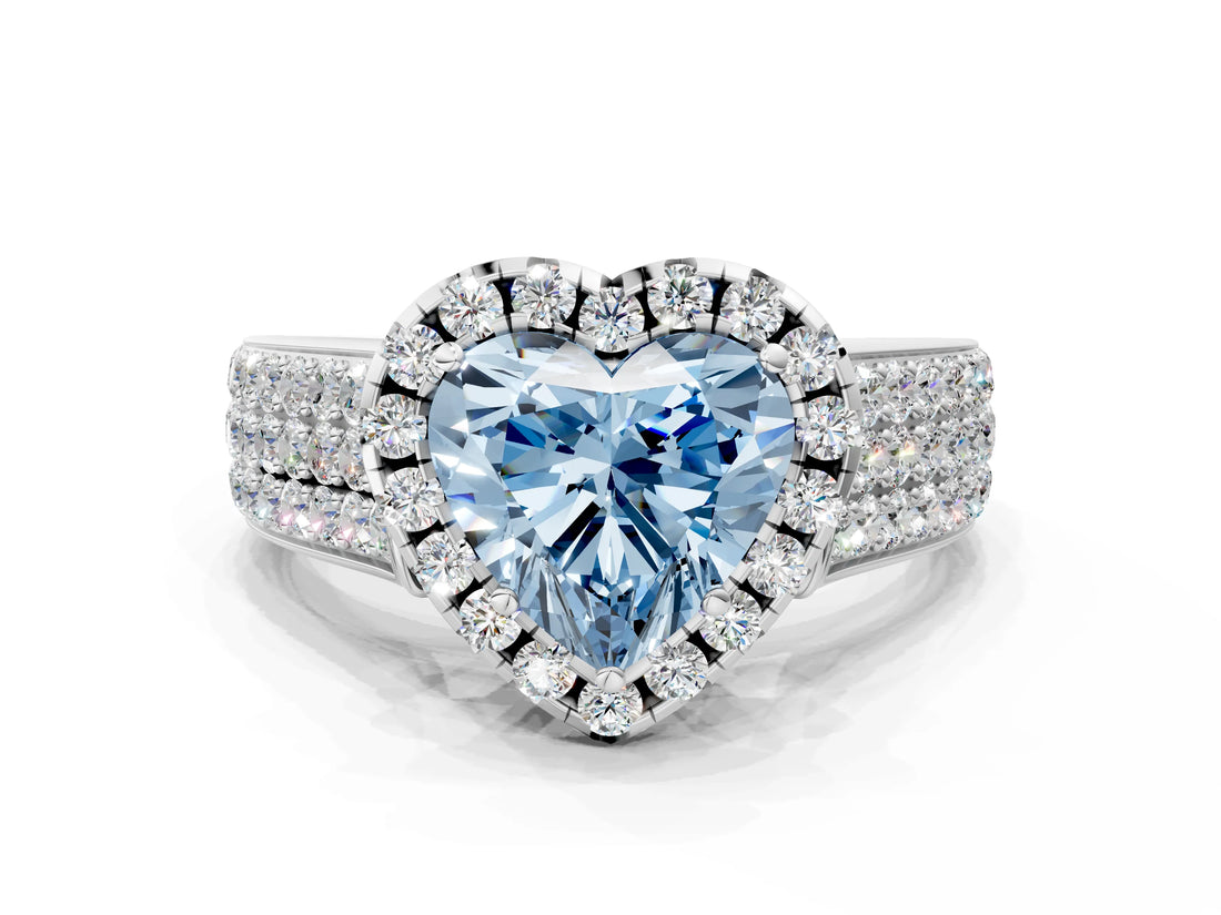 Platinum Fancy Blue Heart  Halo Round Diamond Pave Band with Prong Setting