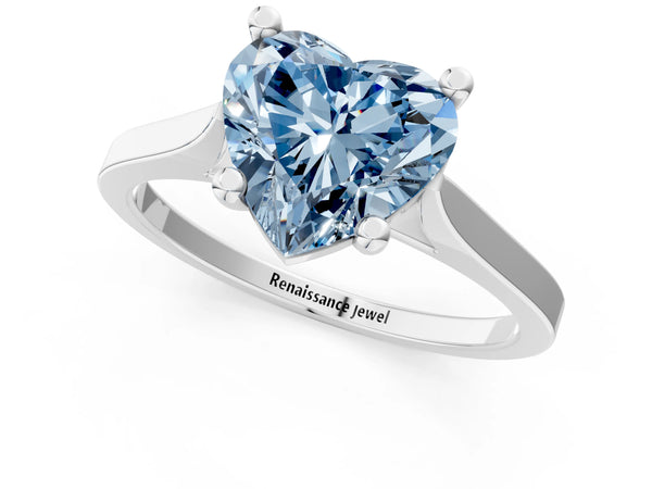 Platinum Fancy Blue Heart  Solitaire Diamond Ring with Four-Prong Setting and Tapered Band