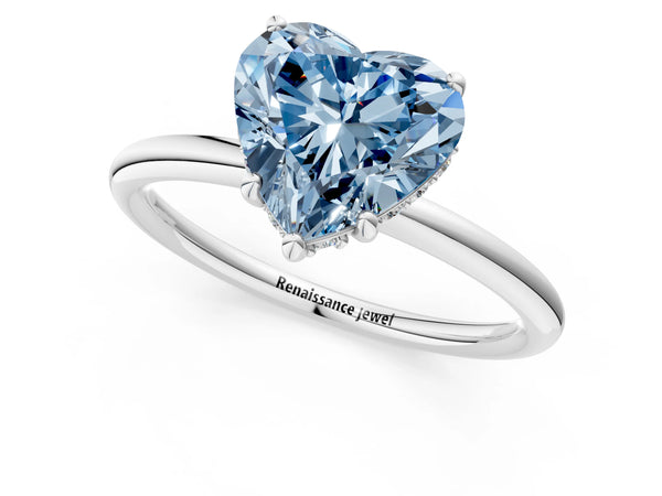 Platinum Fancy Blue Heart  Solitaire Diamond Ring with a Classic Band and Four-Prong Setting