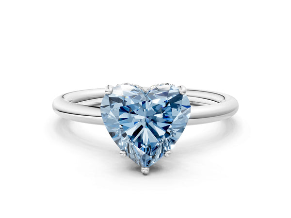 Platinum Fancy Blue Heart  Solitaire Diamond Ring with a Classic Band and Four-Prong Setting