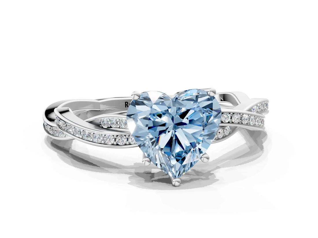 Platinum Fancy Blue Heart  Solitaire Twisted Pave Diamond Ring with Four-Prong Setting