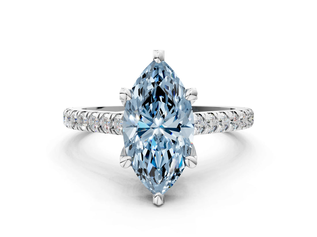 Platinum Fancy Blue Marquise  Brilliant Diamond Solitaire with Pavé Band and Four-Prong Setting 1
