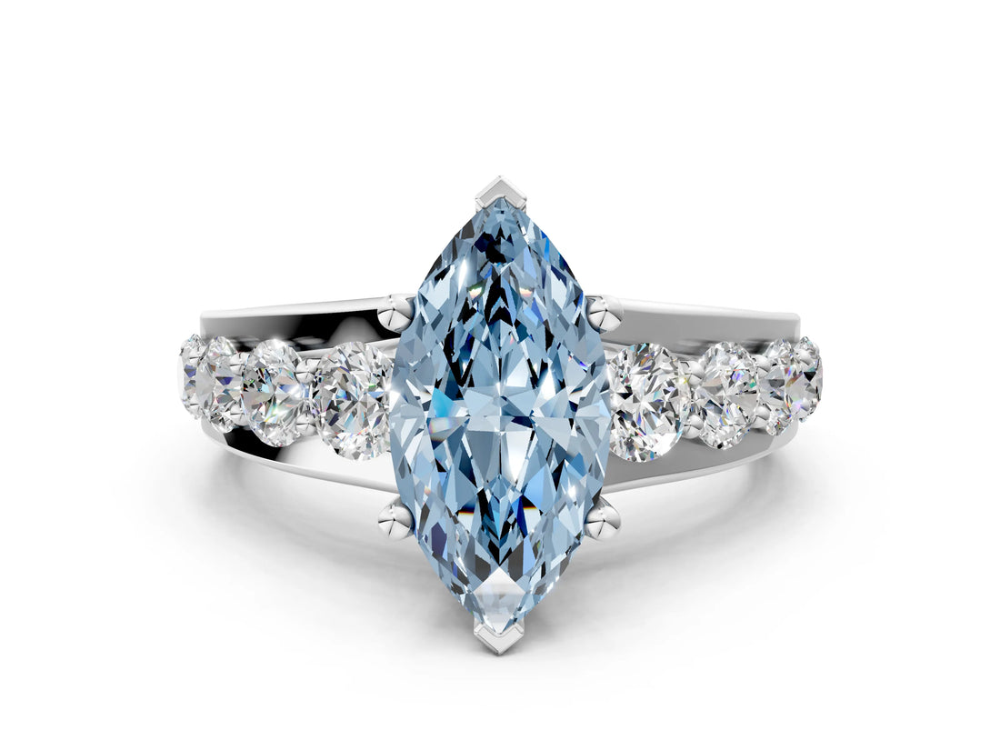 Platinum Fancy Blue Marquise  Brilliant Solitaire with Side Stones on a Pave Band and Four-Prong Setting_12