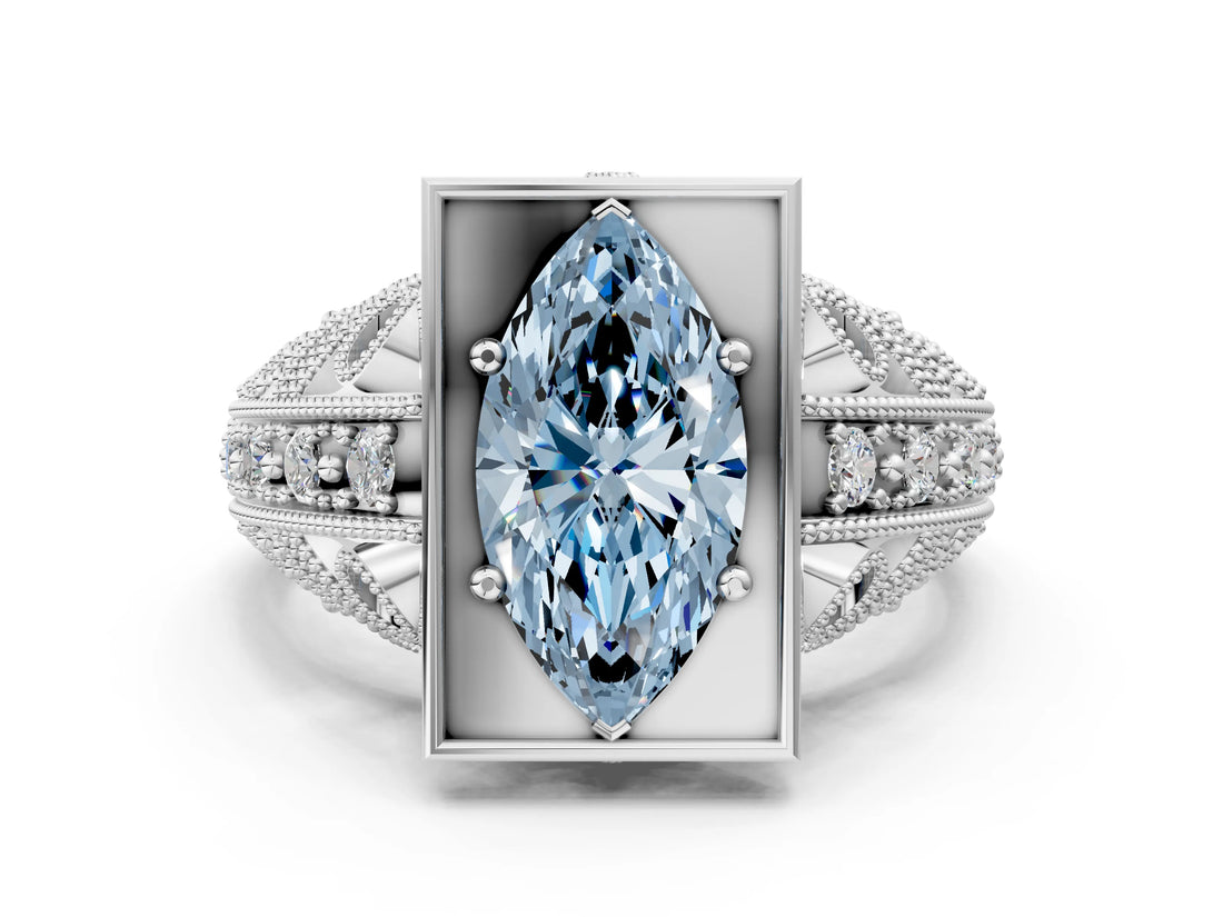 Platinum Fancy Blue Marquise Cut Brilliant Milgrain Filigree Diamond Ring with Square Prong Setting_12