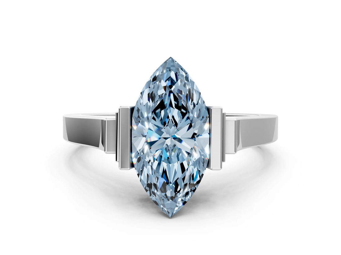 Platinum Fancy Blue Marquise Cut Brilliant Solitaire Diamond Ring with Channel Set Band and Bar Prong Setting_102