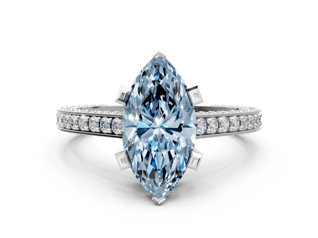Platinum Fancy Blue Marquise Cut Brilliant Split Shank Pave Solitaire Ring with Four-Prong Setting_12