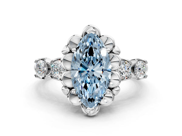 Platinum Fancy Blue Marquise  Cut Diamond Floral Halo Engagement Ring with Shared Prong Setting