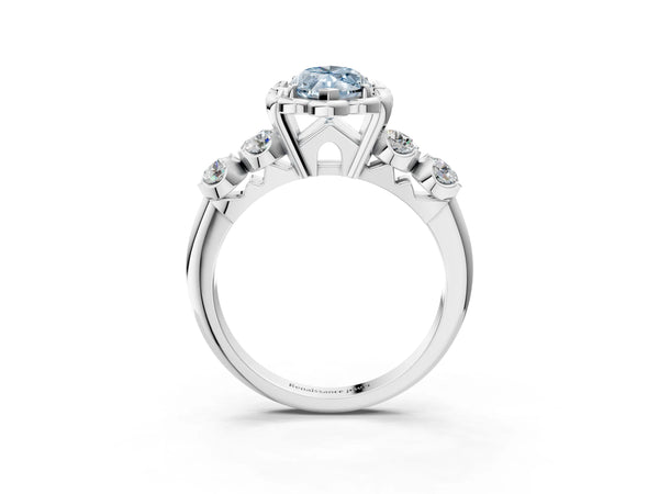 Platinum Fancy Blue Marquise  Cut Diamond Floral Halo Engagement Ring with Shared Prong Setting