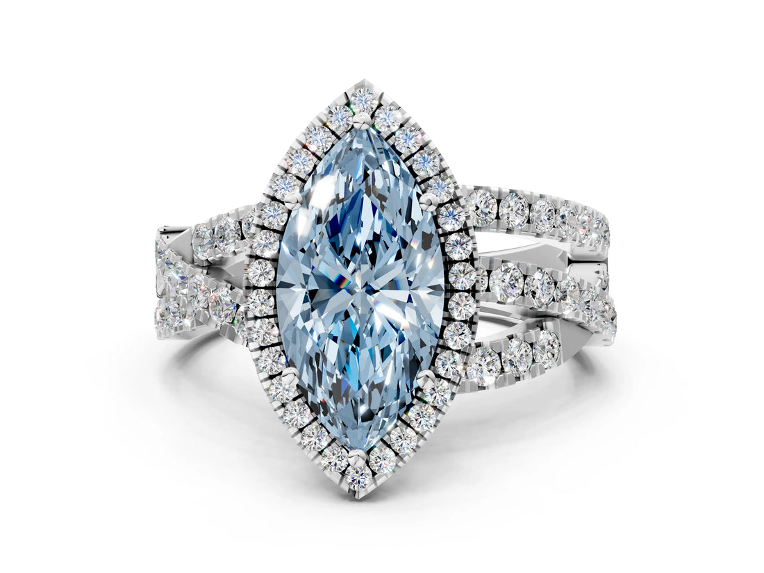 Platinum Fancy Blue Marquise Cut Diamond Halo Ring with Round Split Shank and Prong Setting