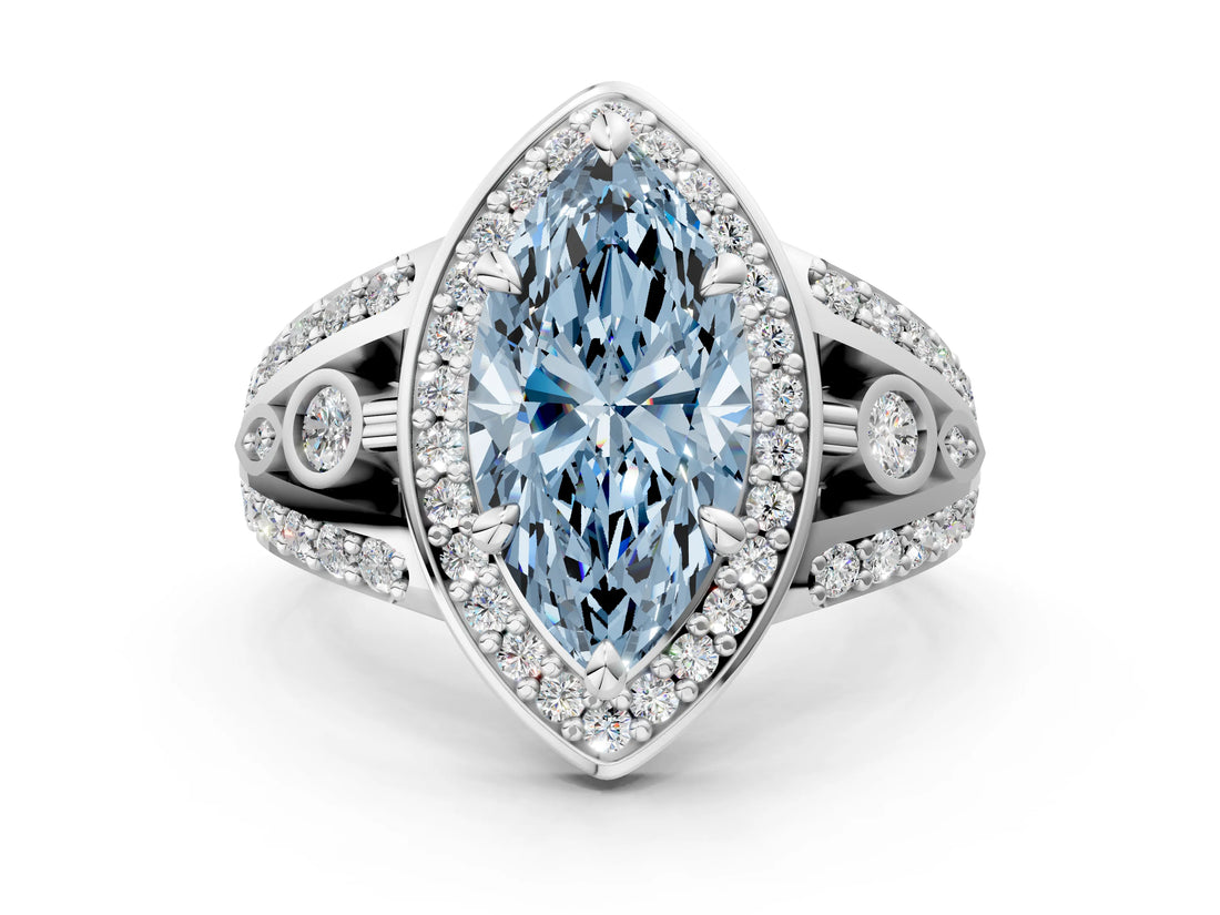 Platinum Fancy Blue Marquise Cut Diamond Halo Ring with Split Shank and Bezel Accents and Four-Prong Setting_6