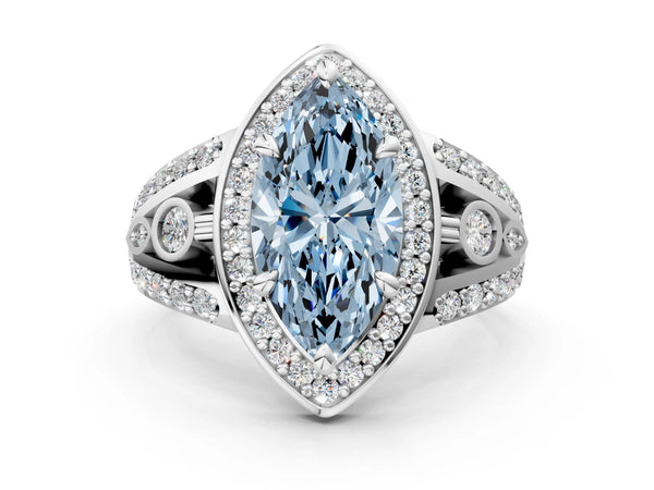 Platinum Fancy Blue Marquise Cut Diamond Halo Ring with Split Shank and Bezel Accents and Four-Prong Setting