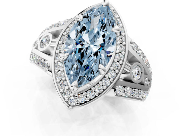 Platinum Fancy Blue Marquise Cut Diamond Halo Ring with Split Shank and Bezel Accents and Four-Prong Setting