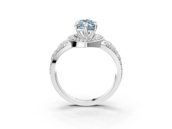 Platinum Fancy Blue Marquise Cut Diamond Halo Ring with Split Shank and Bezel Accents and Four-Prong Setting