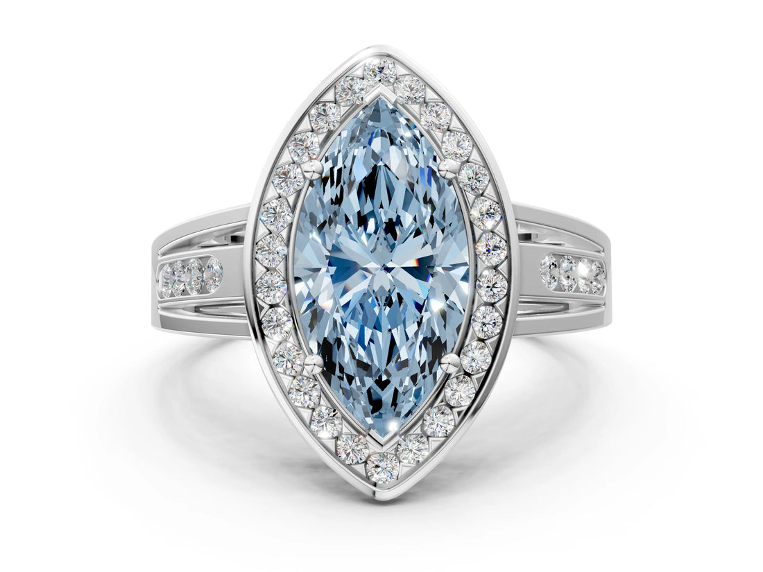 Platinum Fancy Blue Marquise Cut Diamond Halo Ring with Split Shank and Bezel Accents and Prong Setting_12