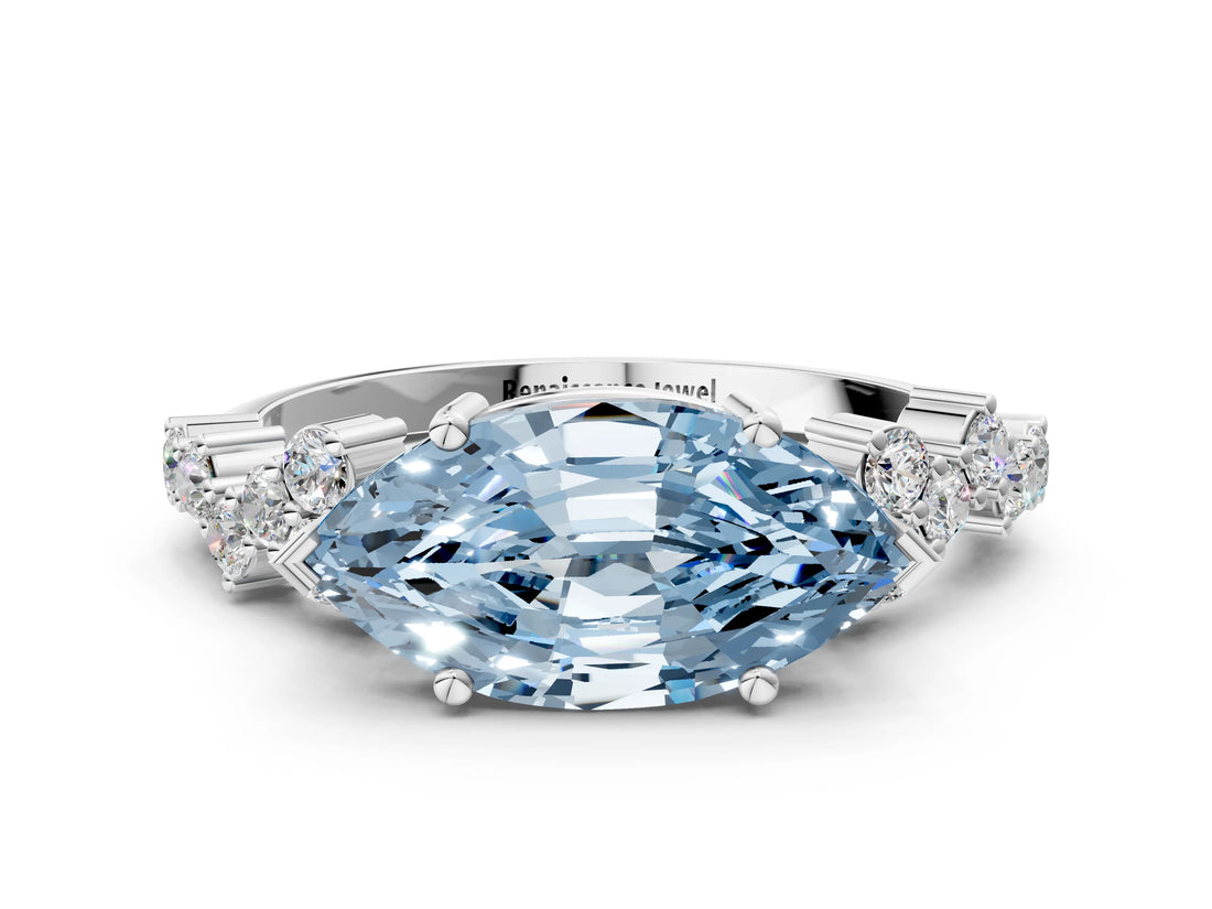 Platinum Fancy Blue Marquise Cut Diamond Scattered Round Accent Ring with Prong Setting_1