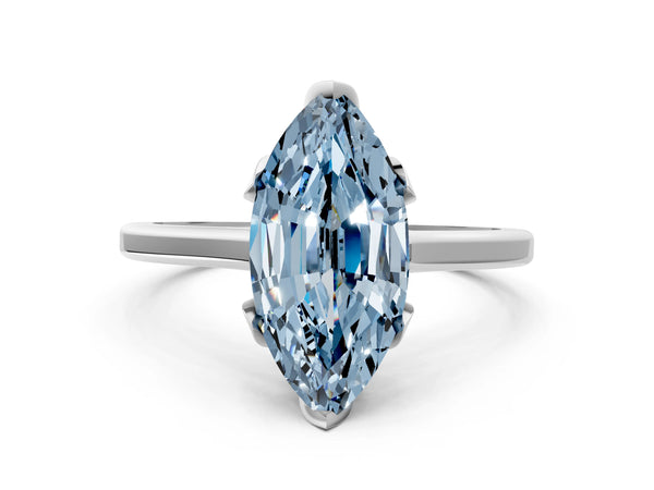 Platinum Fancy Blue Marquise Cut Diamond Solitaire Ring with Flower Prong Setting and Classic Band
