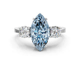 Platinum Fancy Blue Marquise Cut Diamond Three-Stone Engagement Ring with Prong Setting and Pavé Band_12