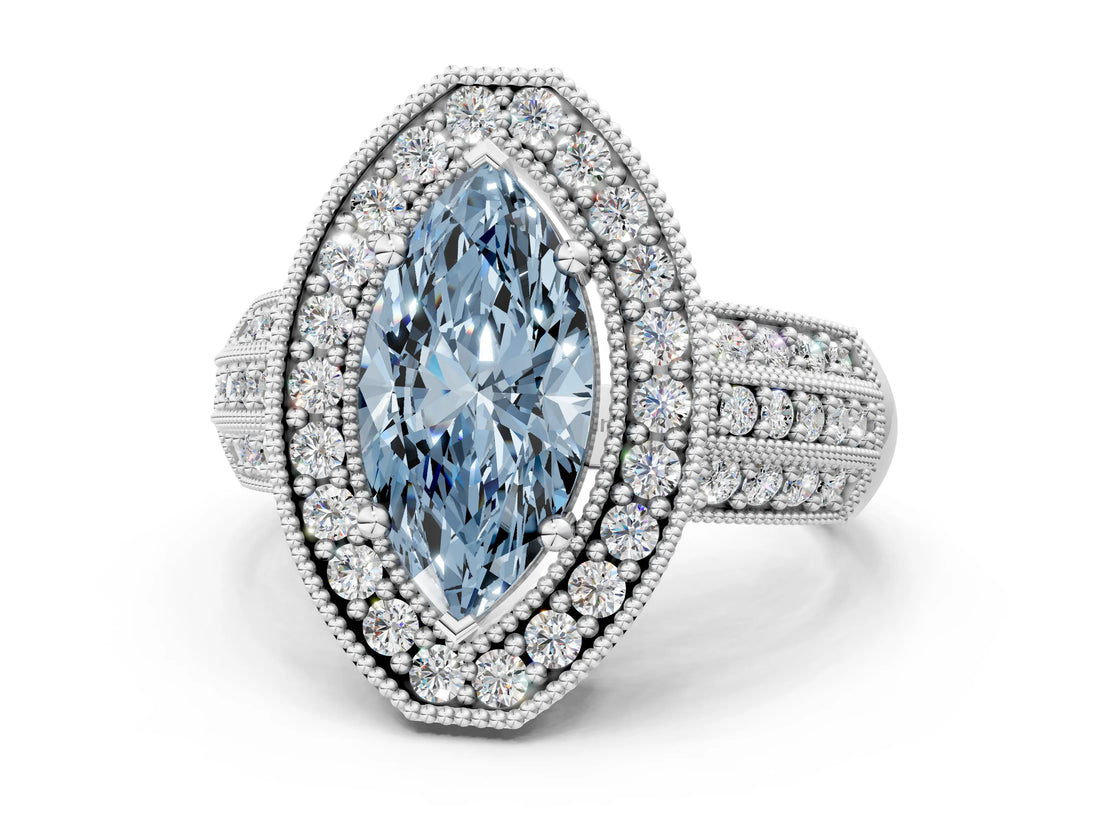 Platinum Fancy Blue Marquise Cut Halo Diamond Engagement Ring with Pave Split Shank and Four-Prong Setting_6