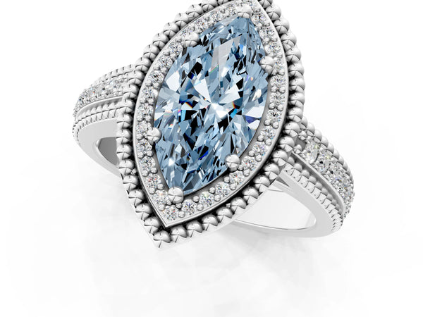 Platinum Marquise Beaded Halo Engagement Ring Setting for Fancy Blue Center with Pave