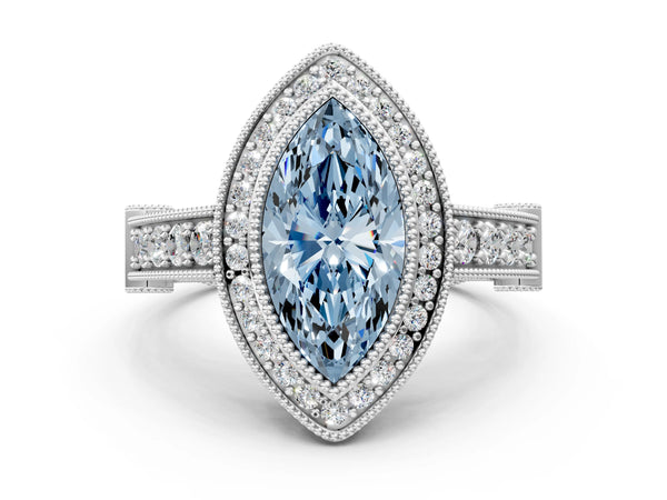 Platinum Marquise Vintage Bezel Halo Engagement Ring Setting for Fancy Blue Center